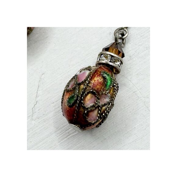 Vintage Cloisonne Dainty Drop Earrings Oval Bead Pink Red Sterling Silver - Picture 10 of 12